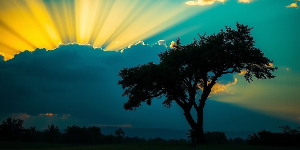 Person praying under a tree at sunset