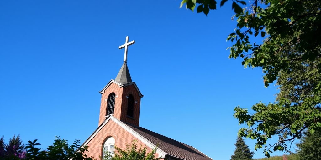 Church with cross under blue sky