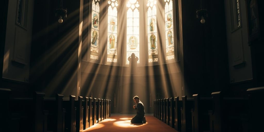 Person praying in sunlit church interior