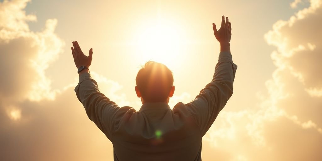 Person with arms raised in radiant light