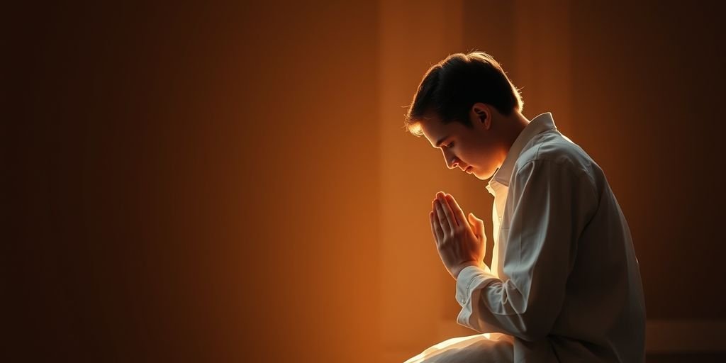 Person praying with a glowing light around them.