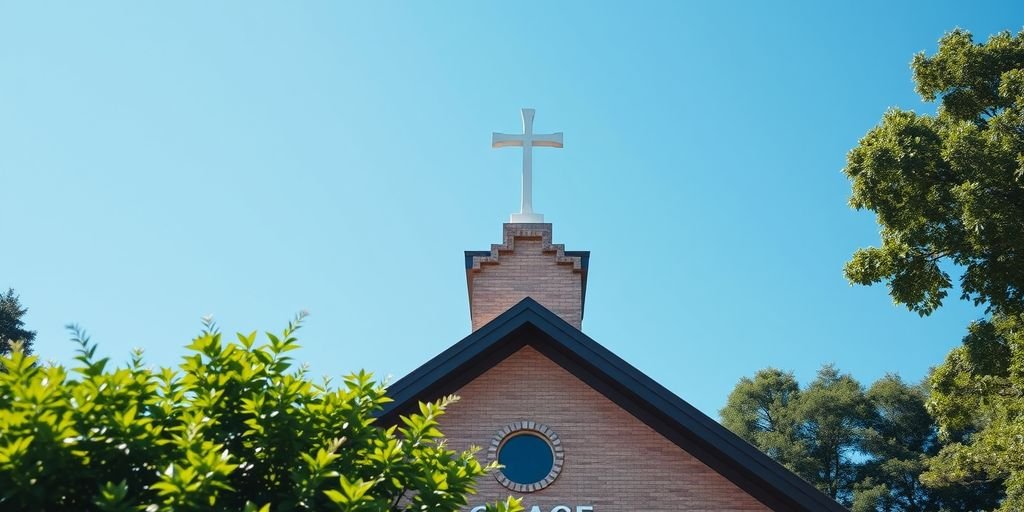 Church with cross and greenery