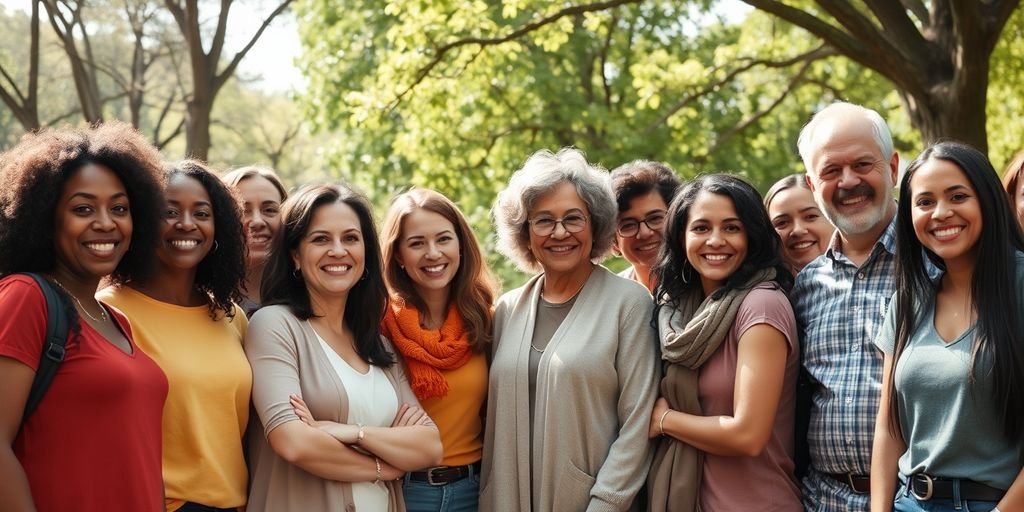 Diverse group standing together in a park