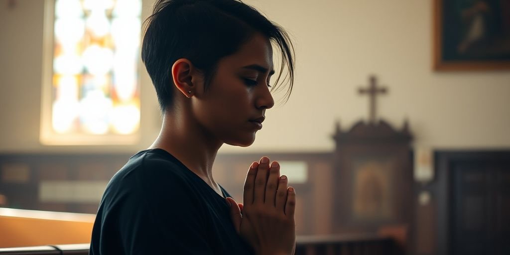 Person praying with tears in a church